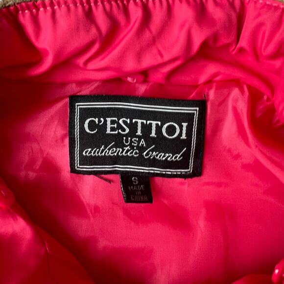 C'ESTTOI USA Barbie Hot Pink Tan Lined Quilted Puffer Gold Zipper Vest -sz S - Picture 5 of 5